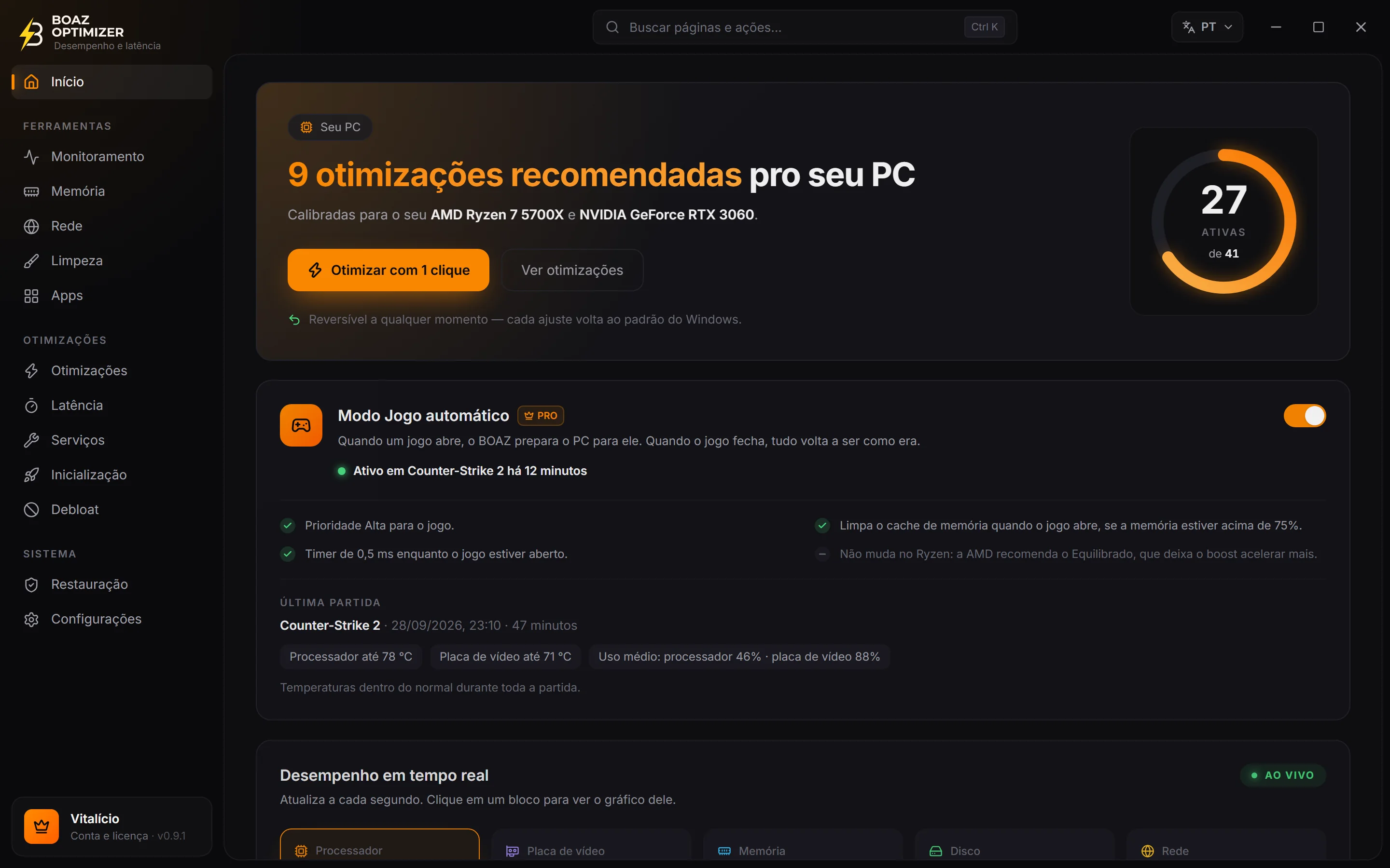 Tela inicial do BOAZ OPTIMIZER: otimizações recomendadas para o PC, Modo Jogo ativo e resumo da última partida
