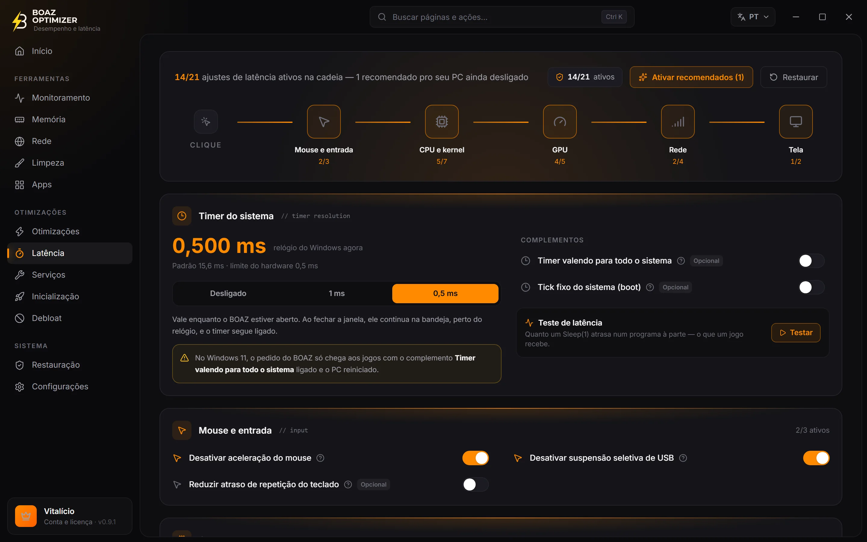 Tela Latência do BOAZ OPTIMIZER com o timer do sistema em 0,5 ms