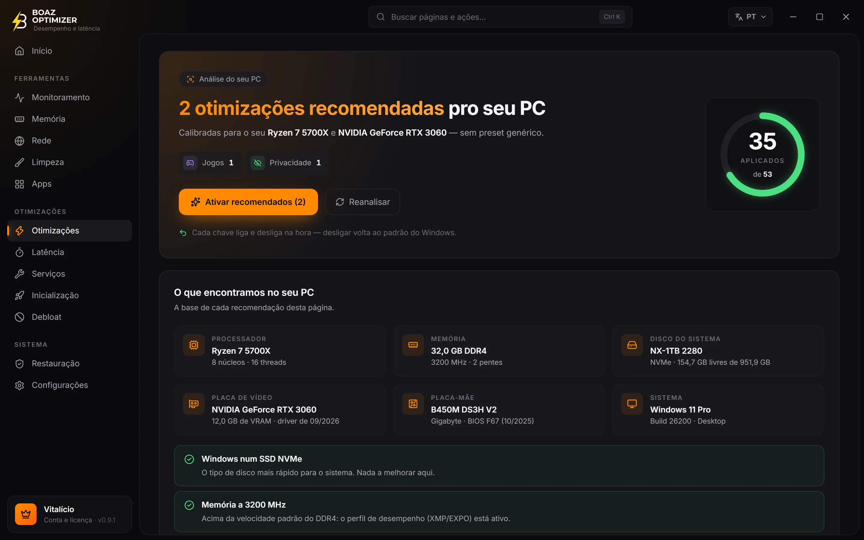 Tela Otimizações do BOAZ OPTIMIZER com a análise do PC