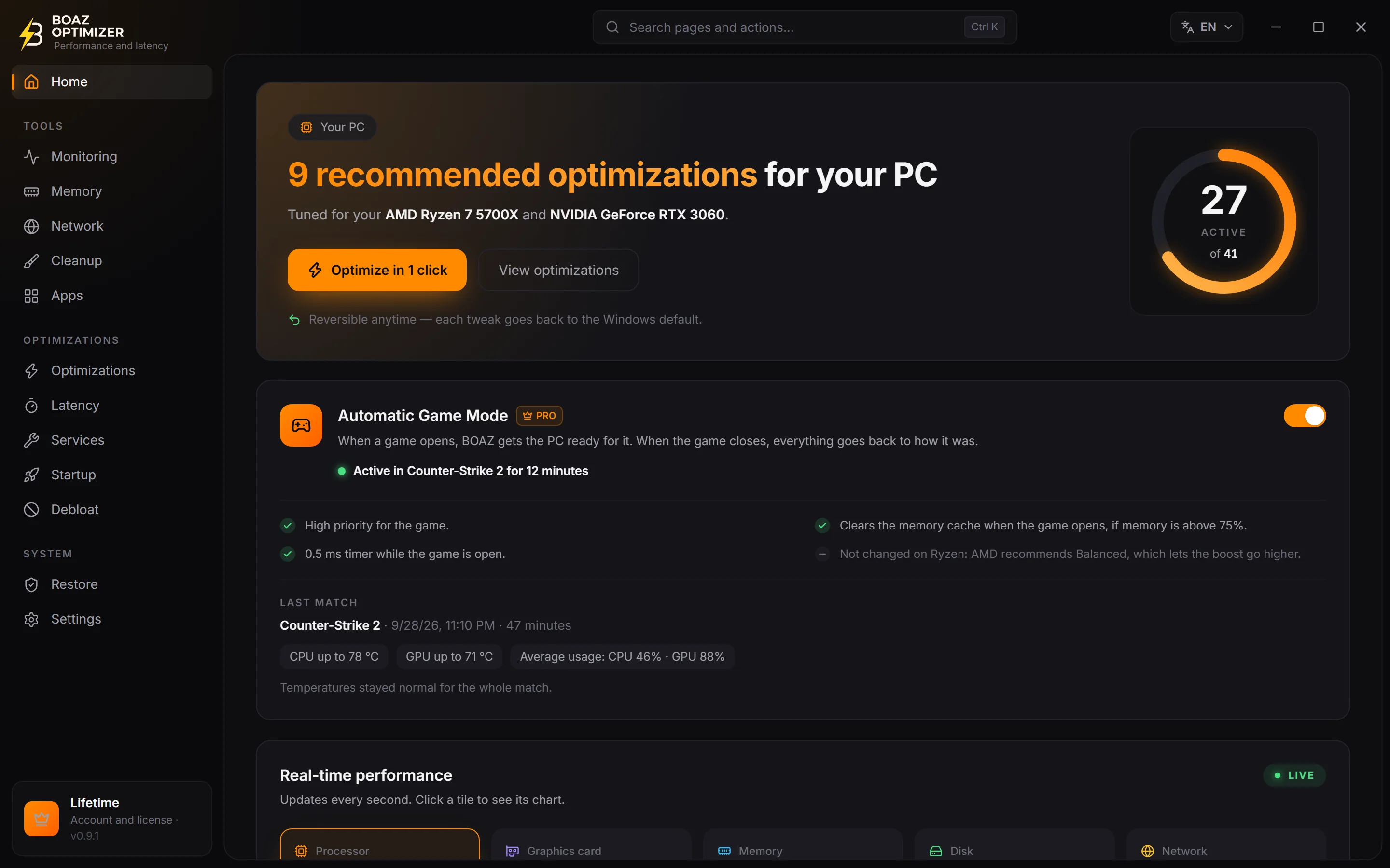 BOAZ OPTIMIZER home screen: optimizations recommended for the PC, Game Mode active and last match summary