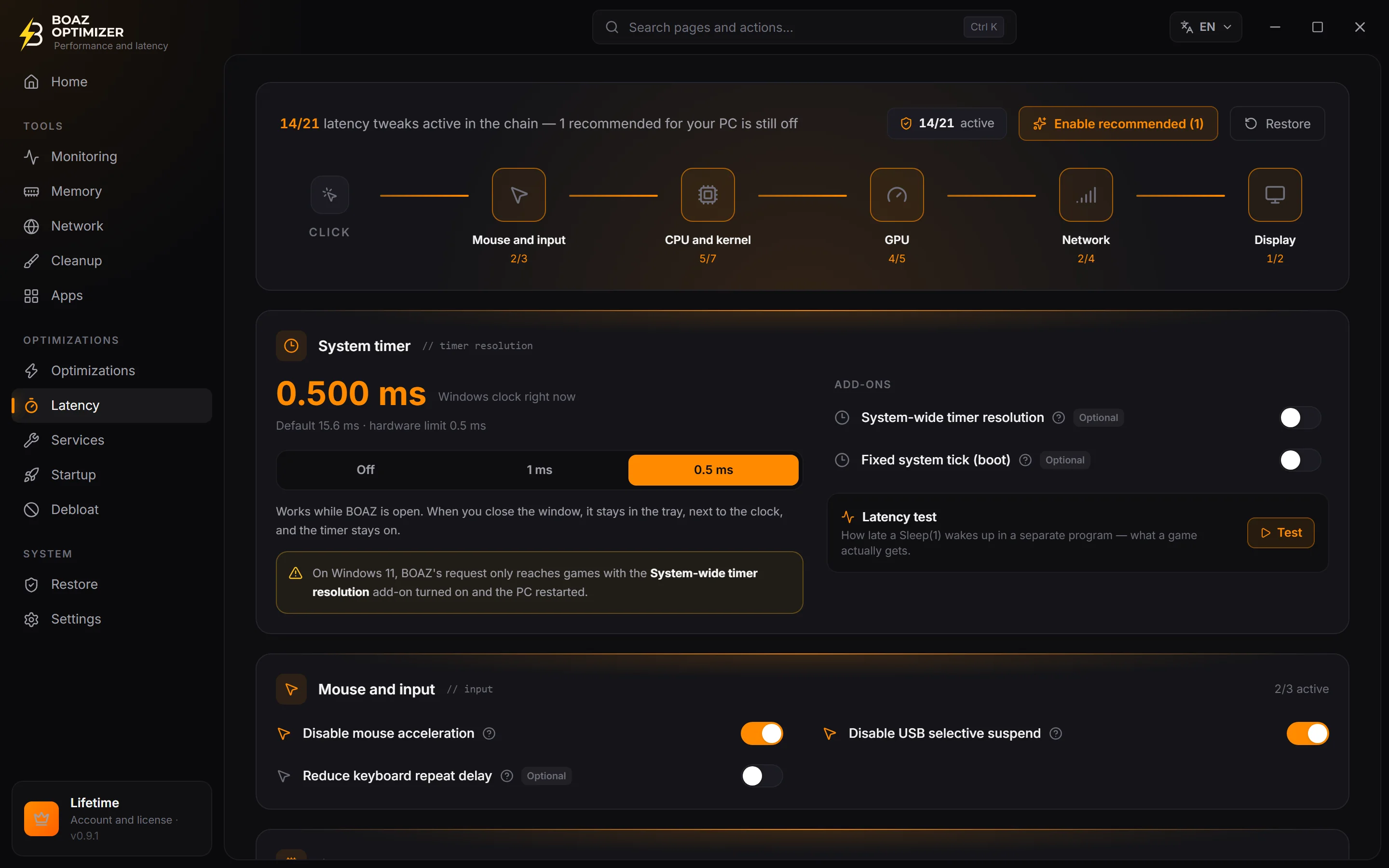 BOAZ OPTIMIZER Latency screen with the system timer at 0.5 ms