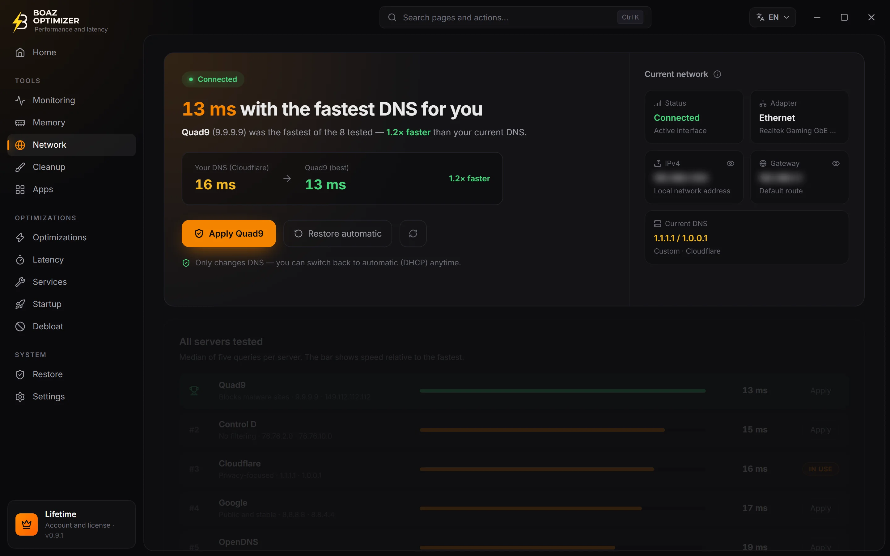 BOAZ OPTIMIZER Network screen