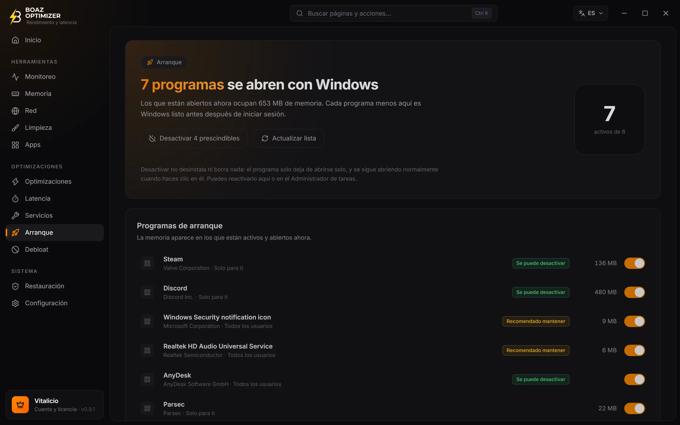 Pantalla Arranque de BOAZ OPTIMIZER
