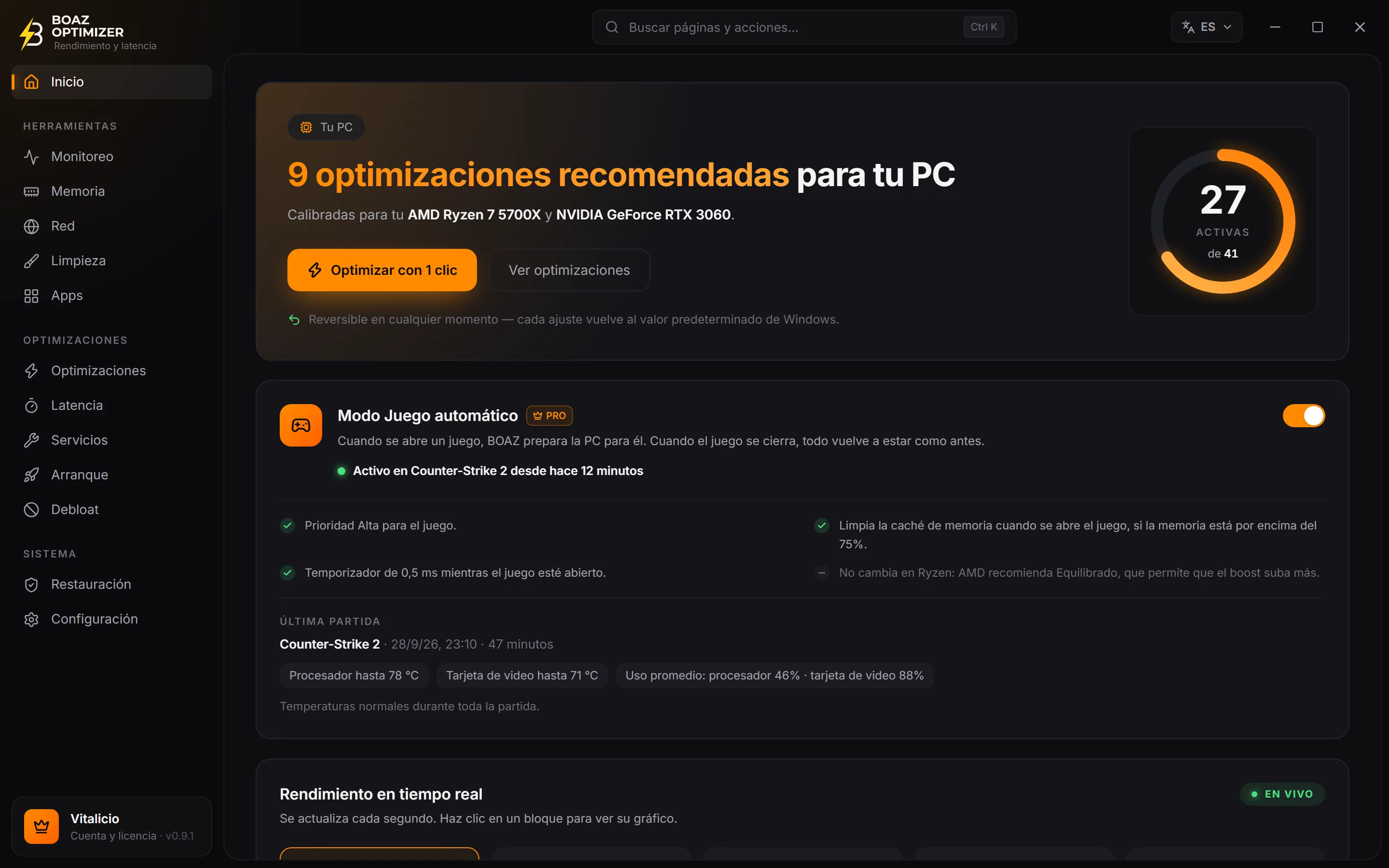 Pantalla de inicio de BOAZ OPTIMIZER: optimizaciones recomendadas para la PC, Modo Juego activo y resumen de la última partida