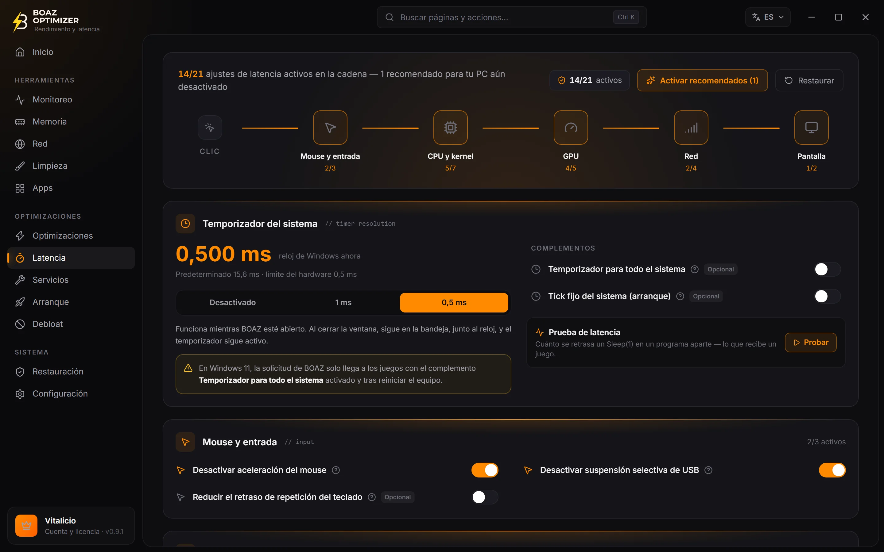 Pantalla Latencia de BOAZ OPTIMIZER con el temporizador del sistema en 0,5 ms