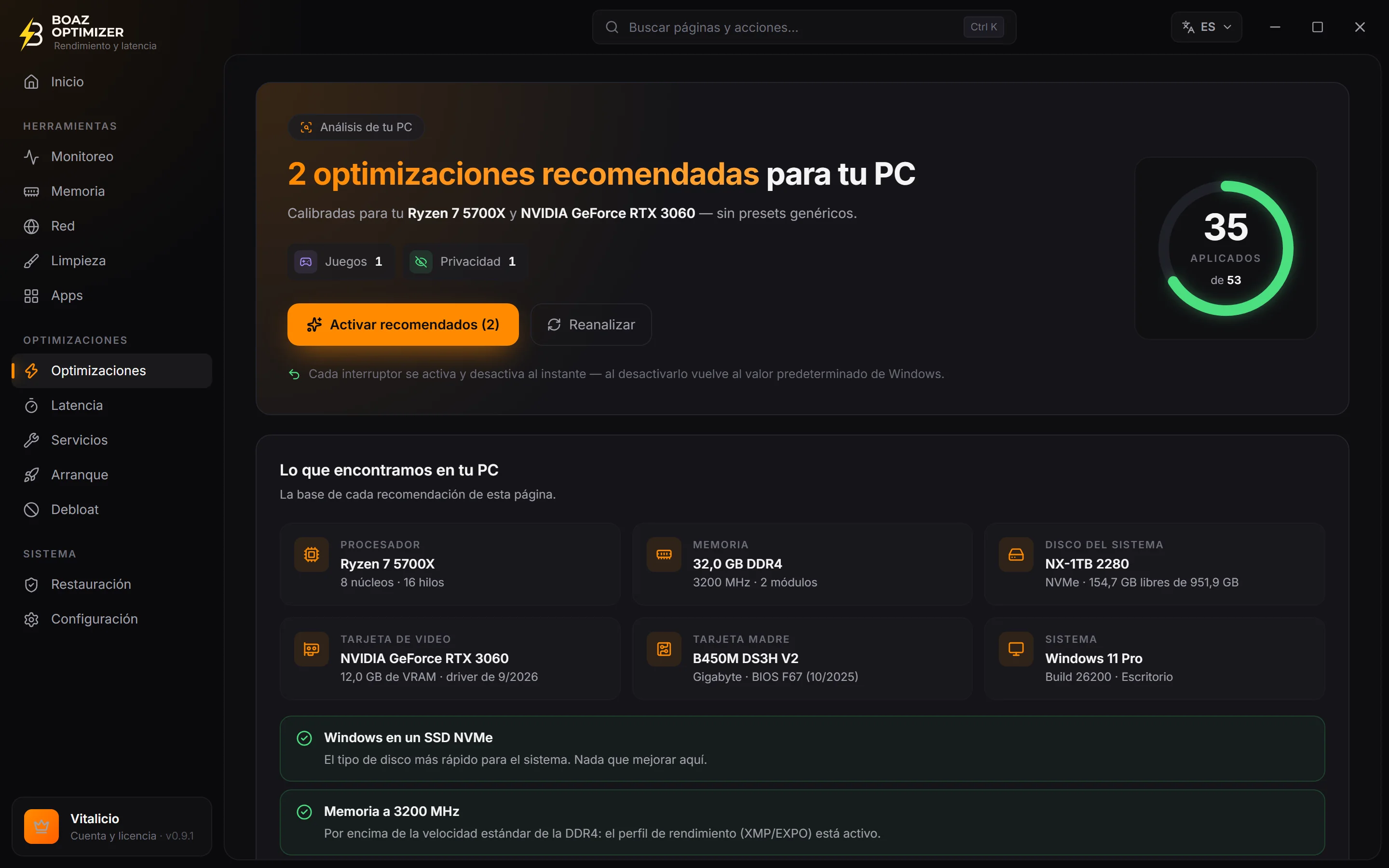 Pantalla Optimizaciones de BOAZ OPTIMIZER con el análisis de la PC